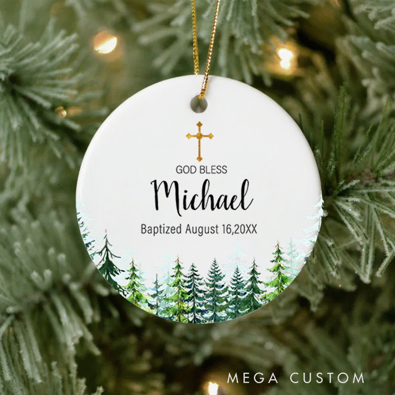 Personalized Pine Trees Forest Ceramic Ornament with Name Date First Communion Gift for Christian Baptism and Confirmation Gift 