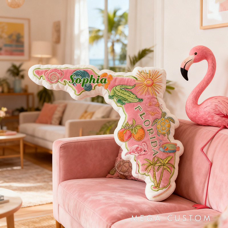 Personalized Florida Travel Pillow Graphic 3D Print Cute Preppy Pink Florida and Custom Name Pillow for Travel Lovers
