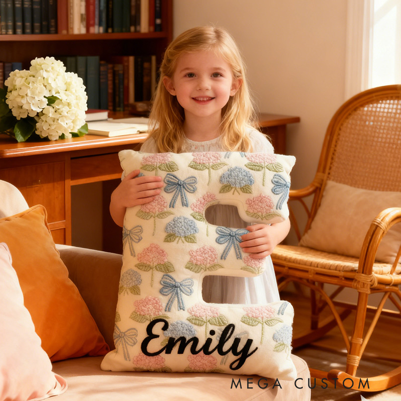 Personalized Hydrangea Letter Letter Pillow Graphic 3D Print Bow and Hydrangea Custom Name Pillow for Gardening Lovers