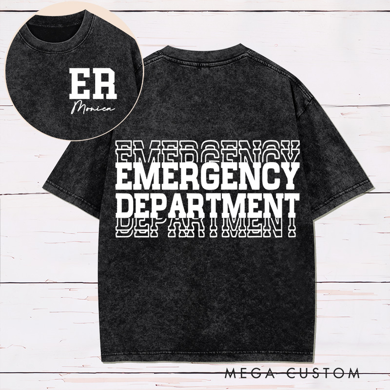 Personalized Two Sides Printed Washed T-Shirt Customized Emergency Department Bold Minimalist Design Washed T-Shirt 