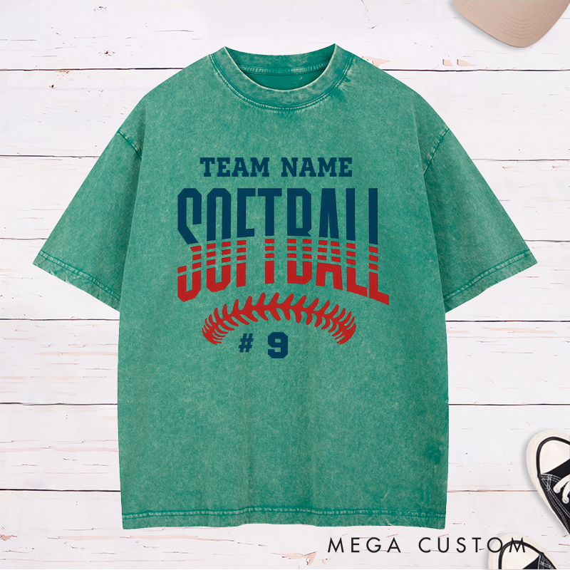 Personalized Softball Washed T-Shirt Featuring Customizable Team Name Player Number Bold Gradient Block Lettering and Dynamic Softball Stitch Graphic for a Striking and Unified Look