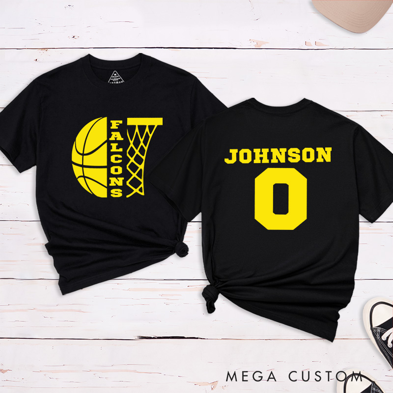 Personalized Basketball T-Shirt with Custom Team Name, Player Name, Number, and Hoop Graphic Design