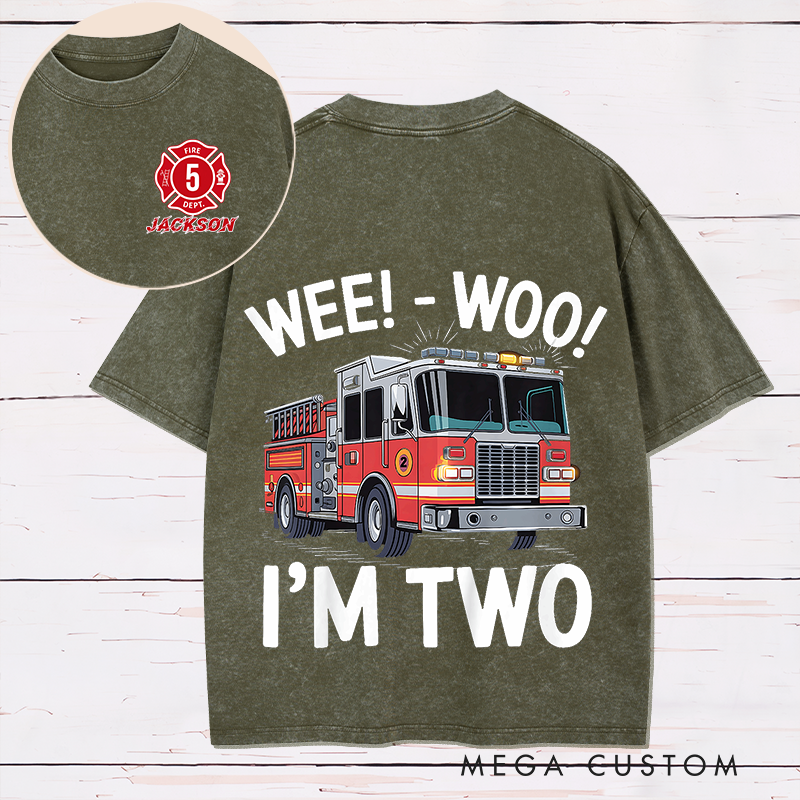 Personalized Firefighter Washed T-Shirt Fire Truck Wee-Woo I'm Two Gift for Firefighter