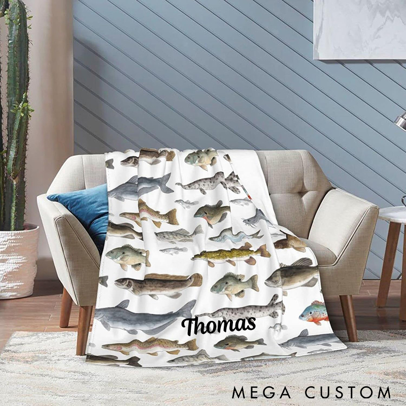 Personalized Fishing Blanket with Fish Species Design Custom Name  Soft and Cozy Throw for Fishermen Perfect Gift for Fishing Lover