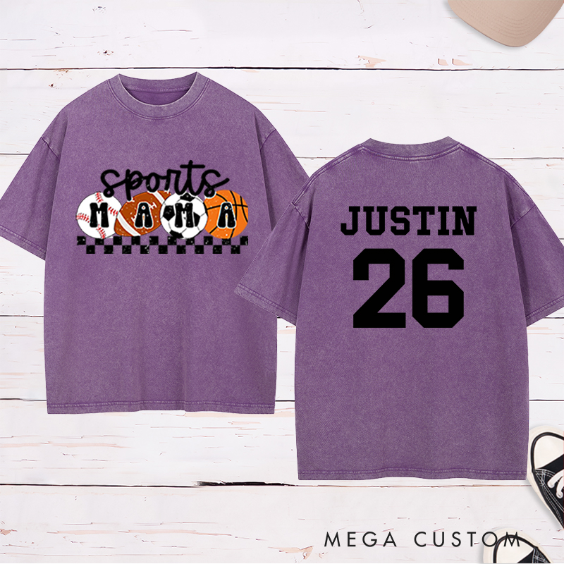 Personalized Sports Mama Washed  T-Shirt with Custom Name and Number