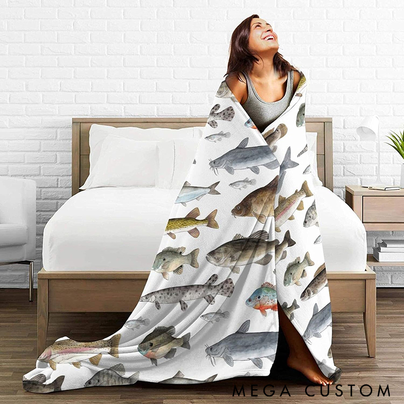Personalized Fishing Blanket with Fish Species Design Custom Name  Soft and Cozy Throw for Fishermen Perfect Gift for Fishing Lover