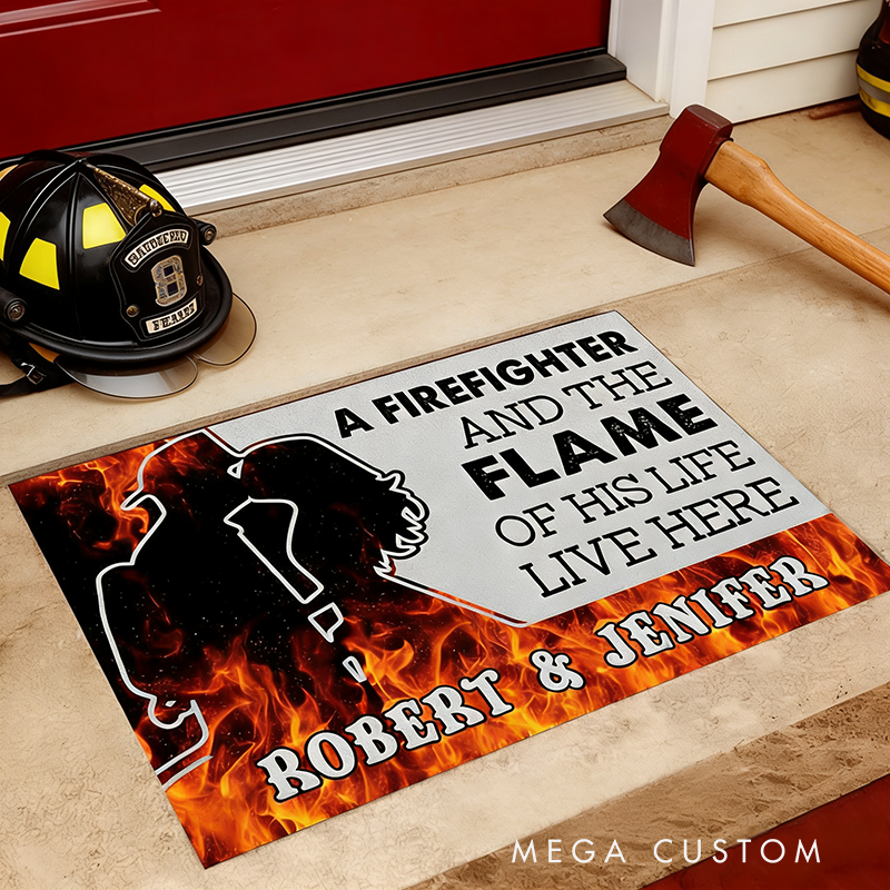 Personalized Firefighter Doormat A Firefighter and the Flame of His Life Live Here Rug Gift for Fireman Families