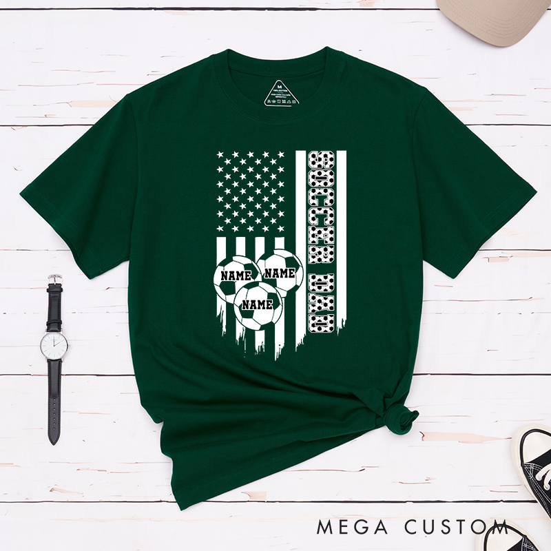 Personalized Soccer Dad T-Shirt with American Flag and Custom Name