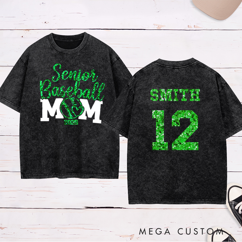 Personalized Senior Baseball Mom Washed T-Shirt with Custom Name and Number