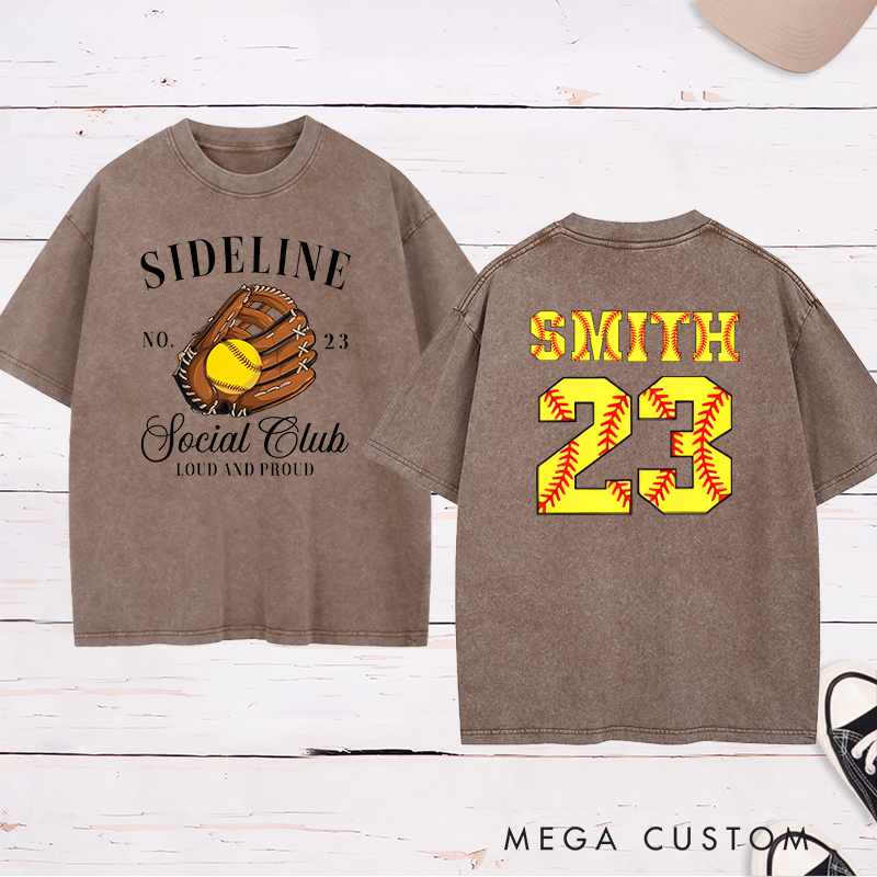 Personalized Softball Sideline Social Club Washed T-Shirt with Custom Name and Number Perfect Gift for Proud Fans Supporters and Players