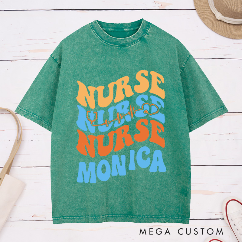 Personalized Nurse Washed T-Shirt Customized Heartbeat Nurse Design Washed T-Shirt 