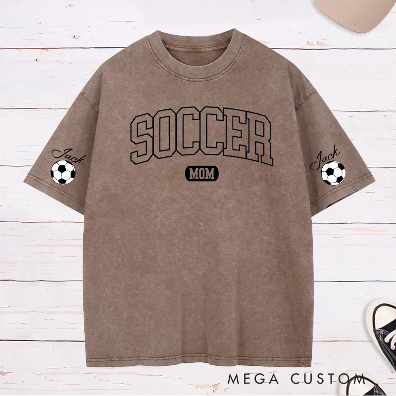 Personalized Soccer Mom Washed T-Shirt with Custom Sleeve Name Design