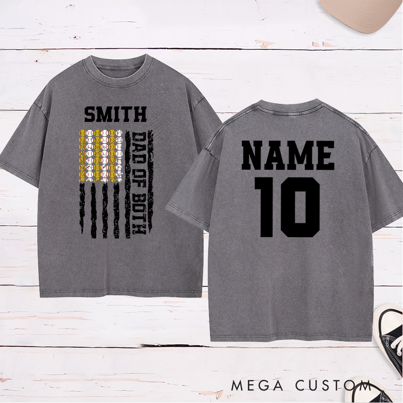 Personalized Dad of Both Washed  T-Shirt with Custom Name and Dual Sports Design Perfect Gift for Proud Softball and Baseball Dads