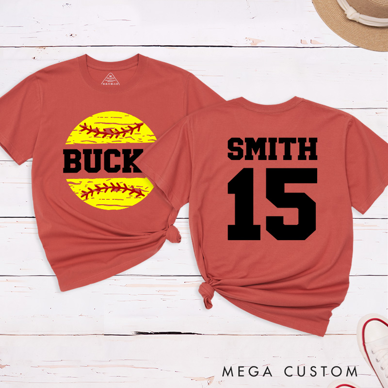 Personalized Softball Team T-Shirt Design Featuring Custom Team Name Player Name and Number with Bright Softball Graphic