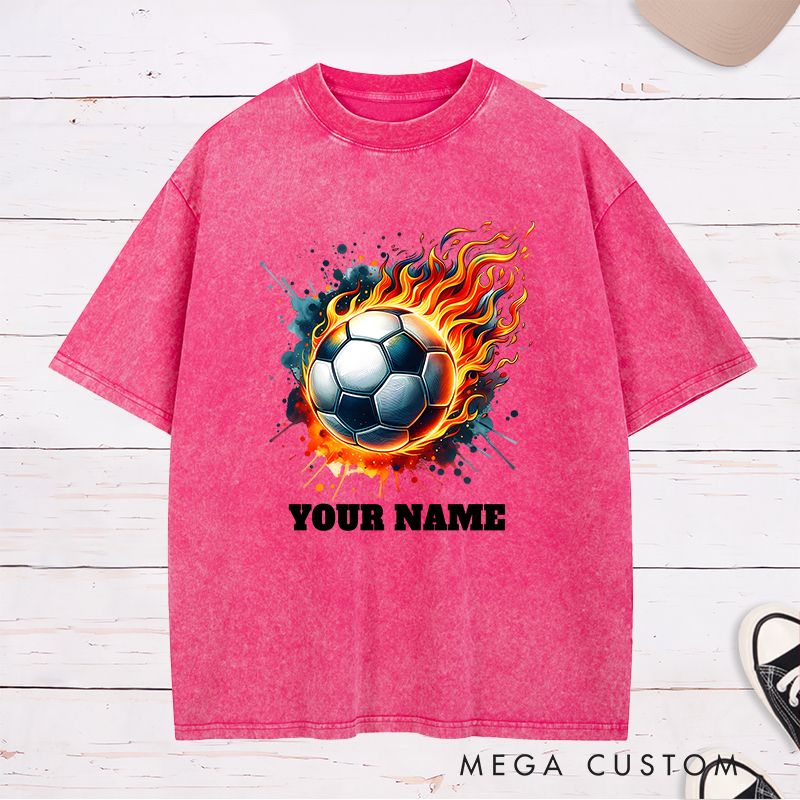 Personalized Flaming Soccer Ball Washed T-Shirt with Custom Name  