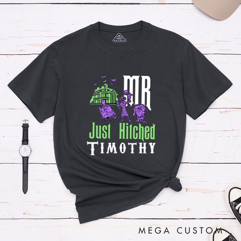 Personalized Halloween Mr and Mrs Just Hitched Couple Just Married Matching T-Shirt 