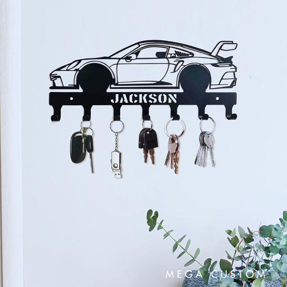 Personalized Metal Car Wall Hook Custom Key and Accessory Organizer Gift for Racer Vehicle Lover