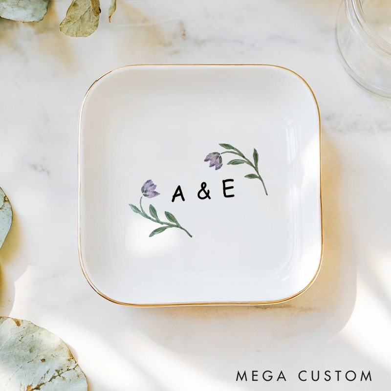 Personalized Watercolor Purple Tulip with Initials Wedding Engagement Gold-Trimmed Ring Dishes