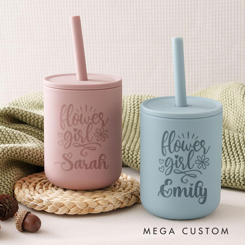 Personalized Flower Girl with Hearts and Flowers 7oz Wedding Kids Silicone Cup with Straw and Lid
