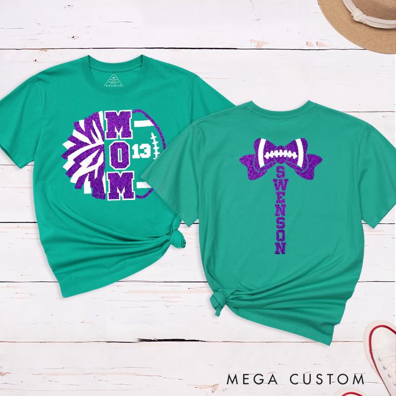 Personalized Glitter American Football and Rugby Cheer Mom T-Shirt with Custom Name on the Back and Number on the Front