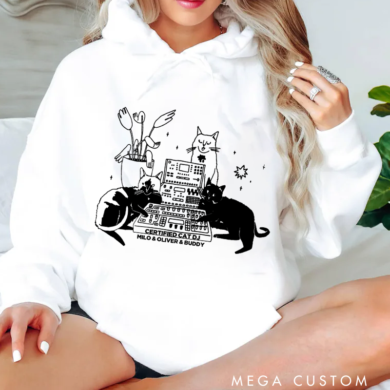 Personalized Classic Hoodies with Cat Sitting on Synthesizer and DJ Cat Illustration and Available in Multiple Colors