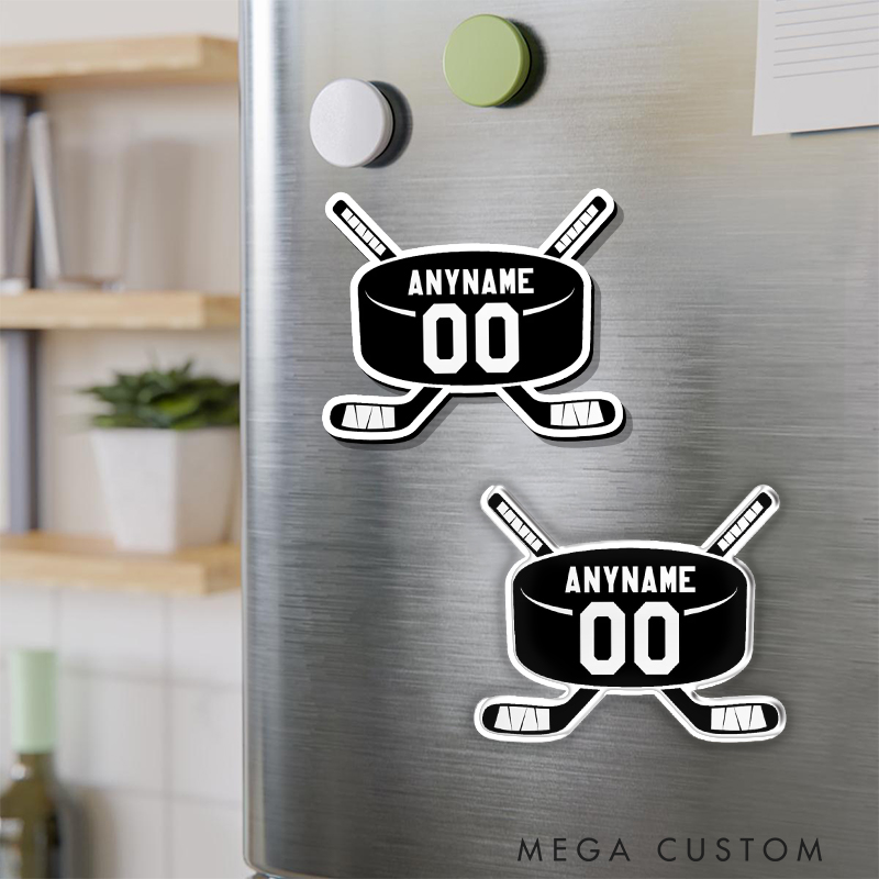 Personalized Hockey Fridge Magnet Featuring a Bold Puck and Sticks with Custom Name and Number