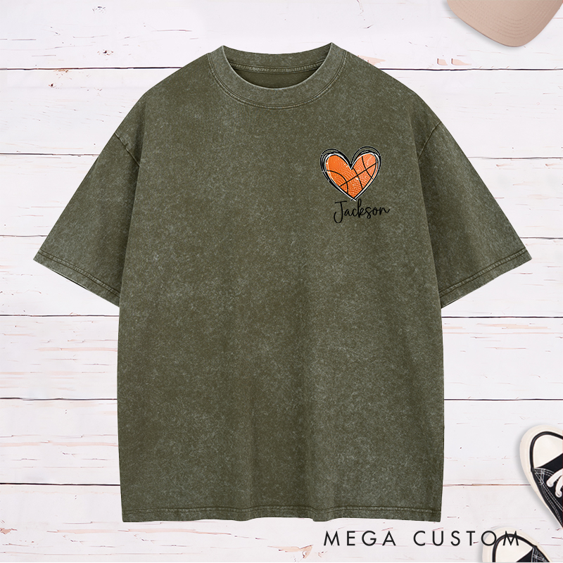 Personalized Washed T-Shirt Design Featuring Heart-Shaped Basketball Graphic with Custom Name for a Sporty and Stylish Look