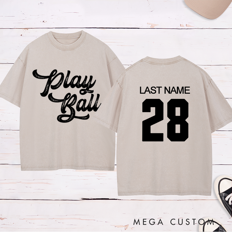 Personalized "Play Ball" Washed T-Shirt with Custom Name and Number