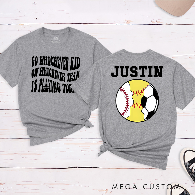 Personalized Sports T-Shirt Featuring Baseball Soccer and Softball Graphics with Customizable Back