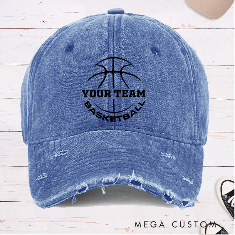 Personalized Distressed Denim Basketball Cap with Custom Team Name and Classic Basketball Design