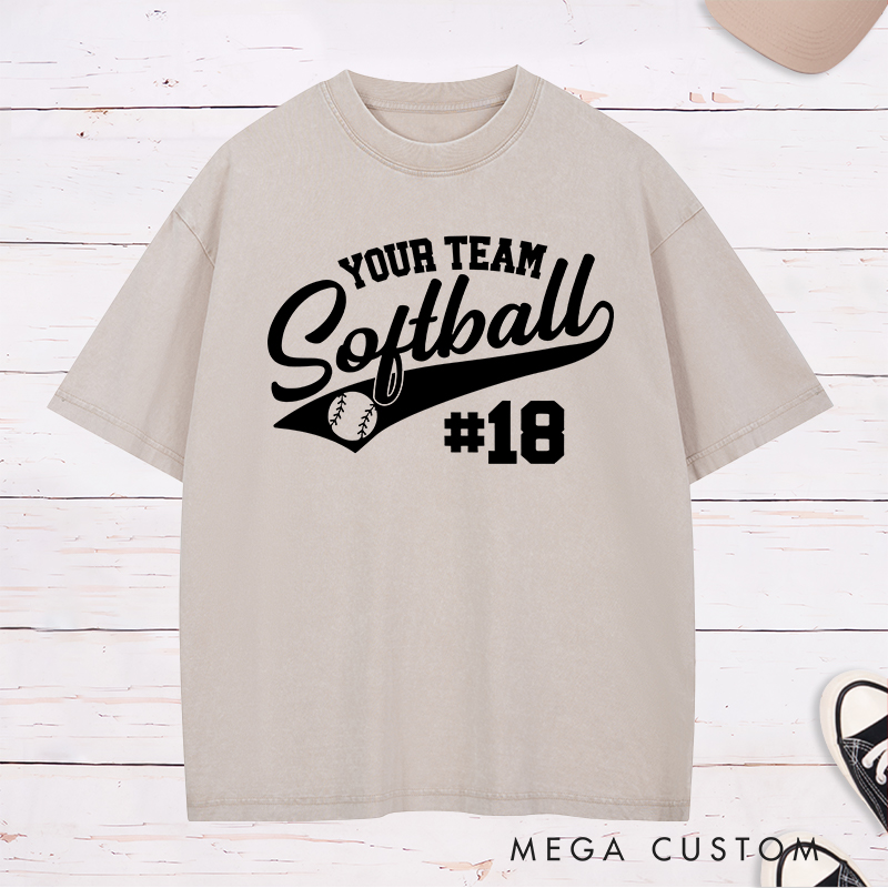 Personalized Softball Team Washed T-Shirt Design Featuring Customizable Team Name Elegant Script Softball Text Dynamic Swoosh Element Baseball Graphic and Custom Player Number