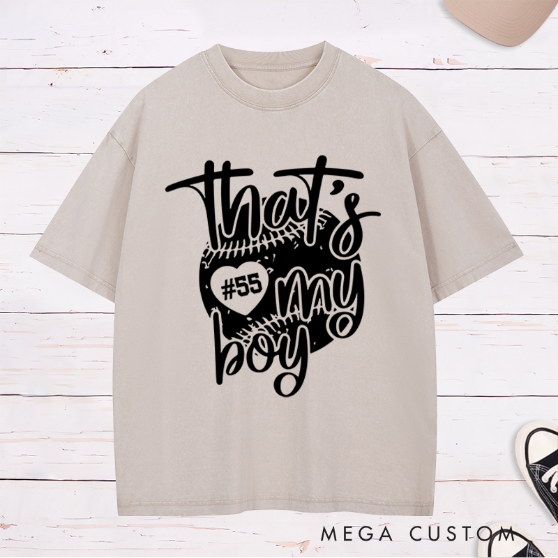 Personalized "That's My Boy" Baseball Mom Washed T-Shirt with Custom Number