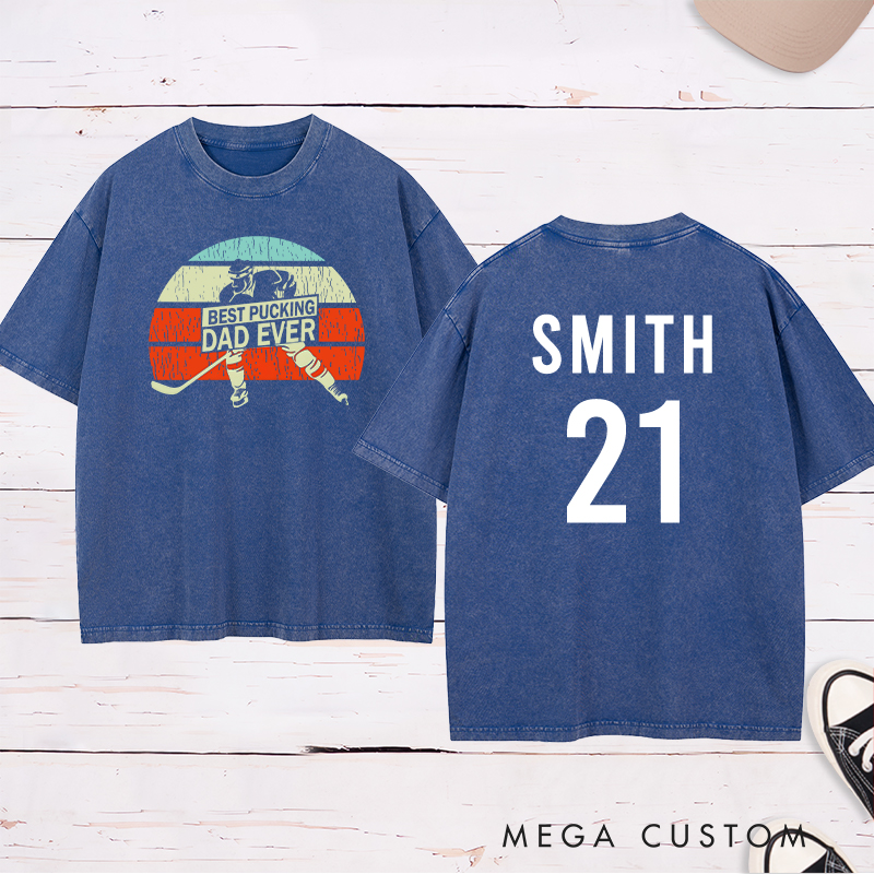 Personalized "Best Pucking Dad Ever" Hockey Washed T-Shirt with Custom Name and Number