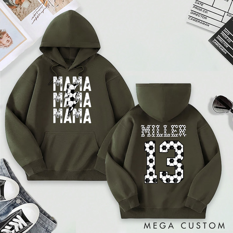Personalized "Mama" Soccer Hoodie with Custom Name and Number Design