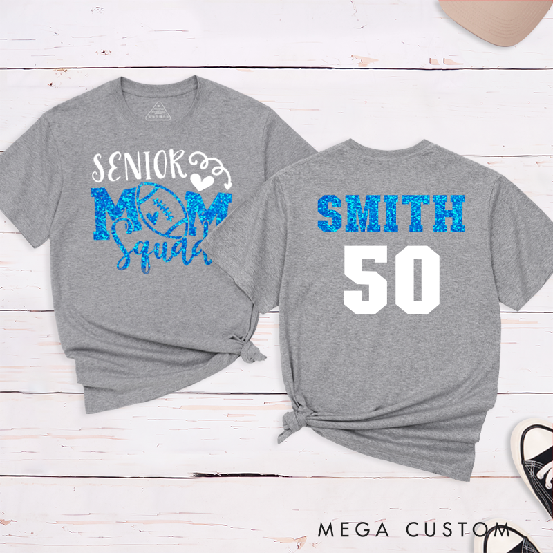 Personalized American Football and Rugby Glitter Senior Mom T-Shirts with Custom Name and Number