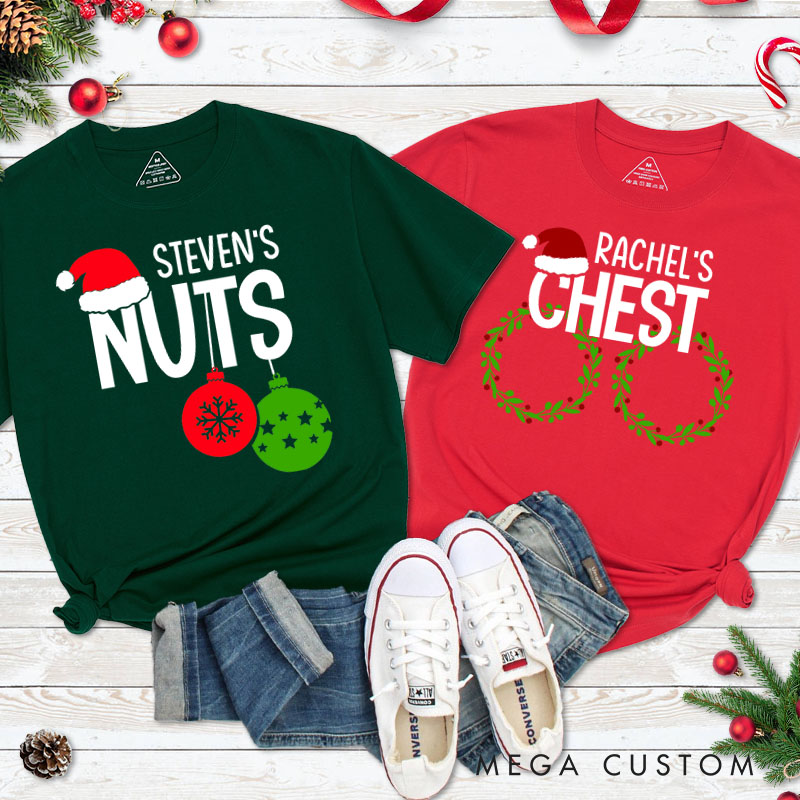 Personalized Couple Humor Nuts and Chest with Santa Hat T-Shirt Couple Xmas Matching T-Shirt for Husband Wife Boyfriend Girlfriend Tee Tops