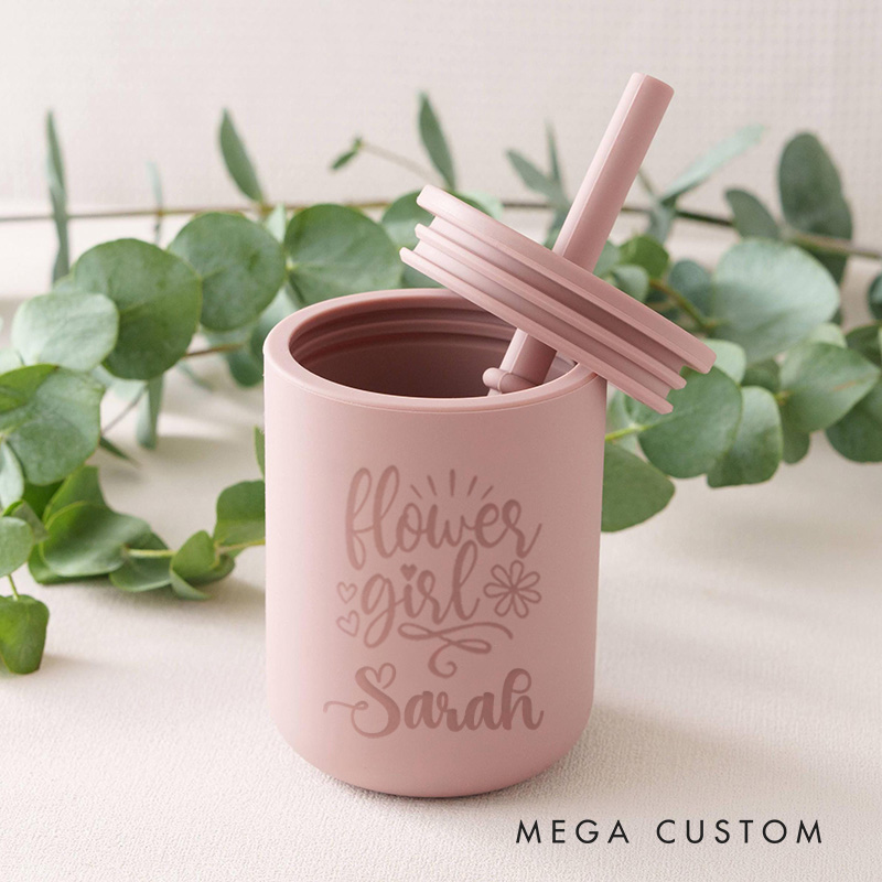 Personalized Flower Girl with Hearts and Flowers 7oz Wedding Kids Silicone Cup with Straw and Lid