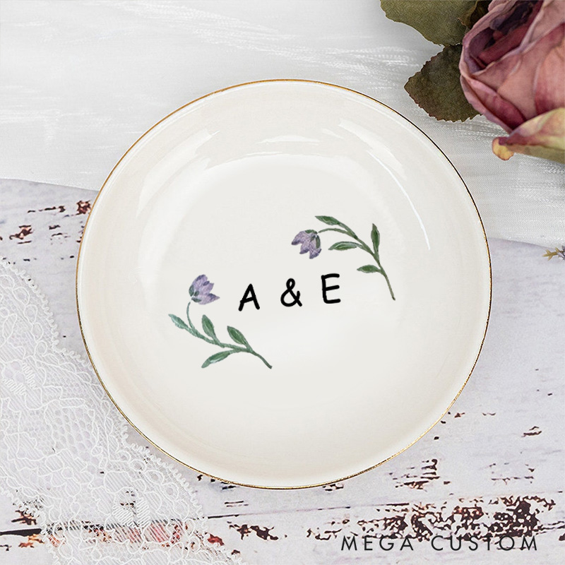 Personalized Watercolor Purple Tulip with Initials Wedding Engagement Gold-Trimmed Ring Dishes