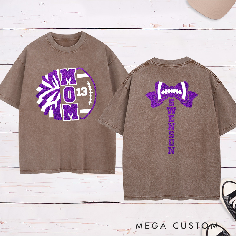 Personalized Glitter American Football and Rugby Cheer Mom Washed T-Shirt with Custom Name on the Back and Number on the Front