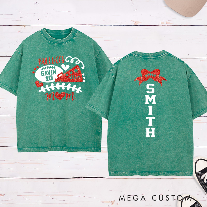 Personalized Glitter American Football and Rugby Cheer Mom Washed T-Shirt with Custom Name and Number