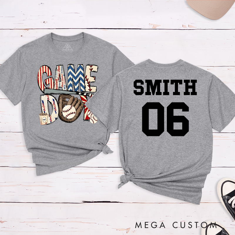 Personalized Patriotic "Game Day" Baseball T-Shirt with Custom Name and Number  