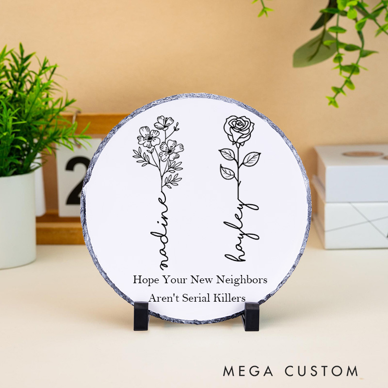 Personalized New Home Decorative Plaque Custom Floral Design with Names and Funny Quote Tabletop Display Perfect for Housewarming Gift Unique Home Decor Keepsake