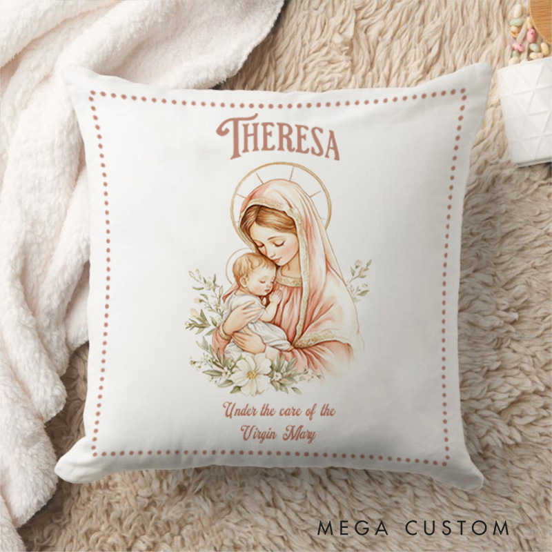 Personalized Care of Virgin Mary Throw Pillow with Name Religious Gift for her Home Decor Catholic Gift for Women