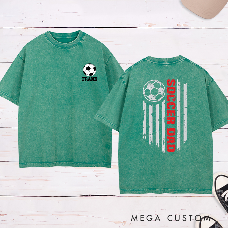 Personalized Patriotic Soccer Dad Washed T-Shirt with Custom Name