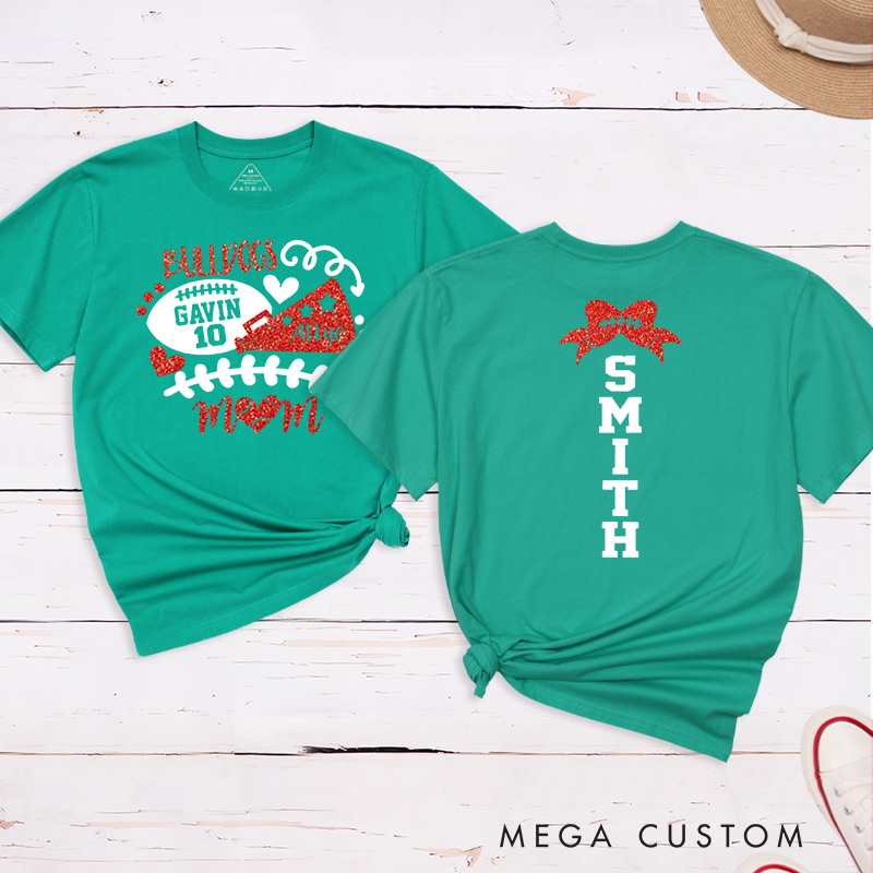 Personalized Glitter American Football and Rugby Cheer Mom T-Shirt with Custom Name and Number