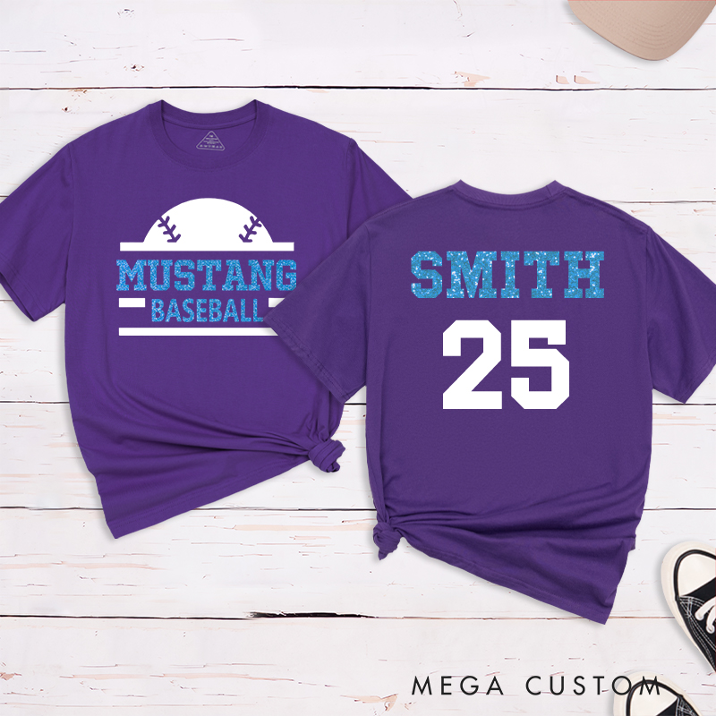 Personalized baseball T-shirt featuring a custom name and number designed for players and fans