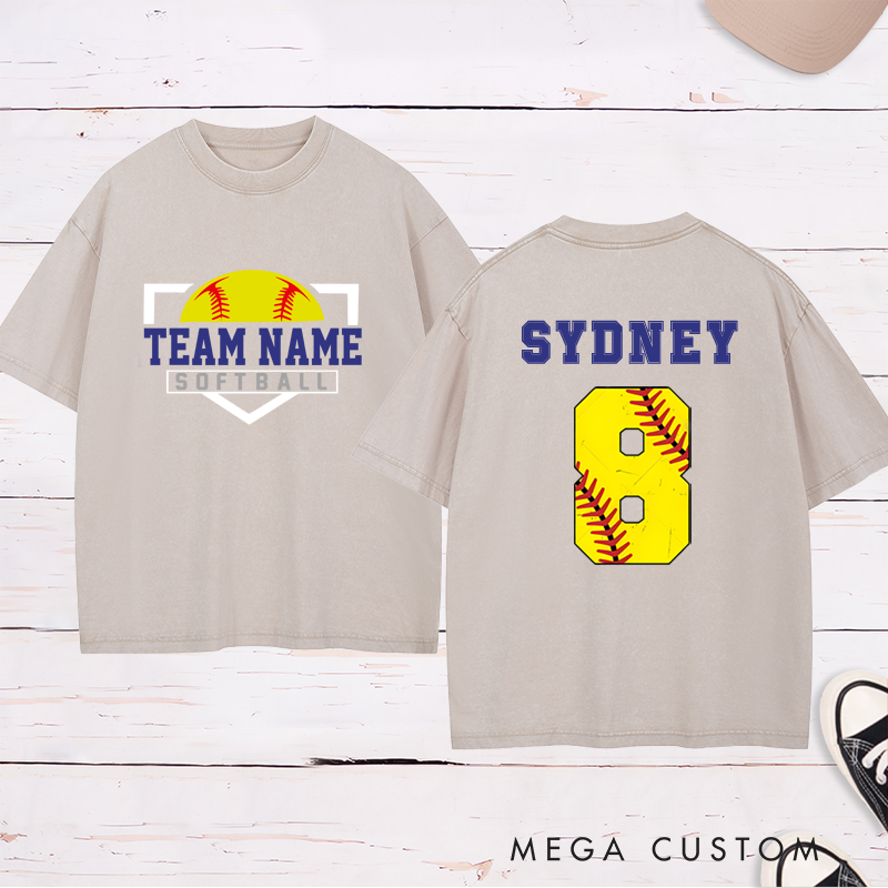 Personalized Softball Washed T-Shirt Design Featuring Custom Team Name on the Front and Player Name with Jersey Number on the Back
