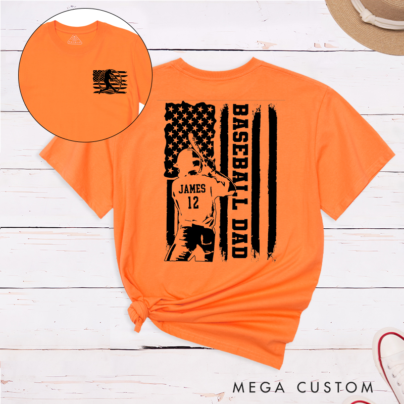 Personalized Baseball Dad T-Shirt with Patriotic Flag and Custom Name and Number