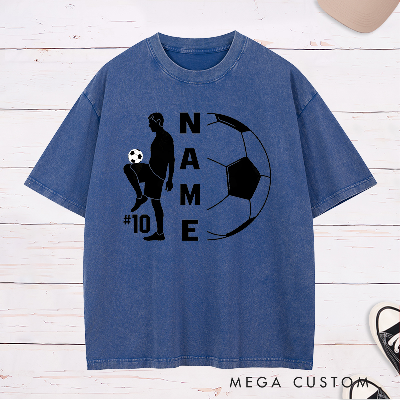 Personalized Soccer Washed T-Shirt with Player Silhouette and Custom Name and Number Design