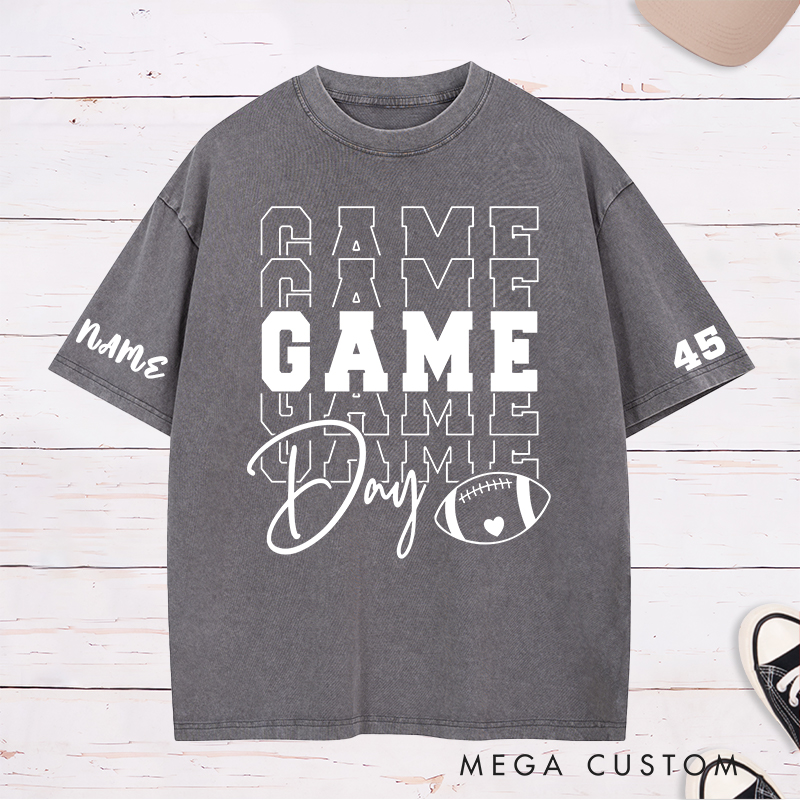 Personalized American Football and Rugby Washed T-Shirt with Custom Name and Number of Game Day